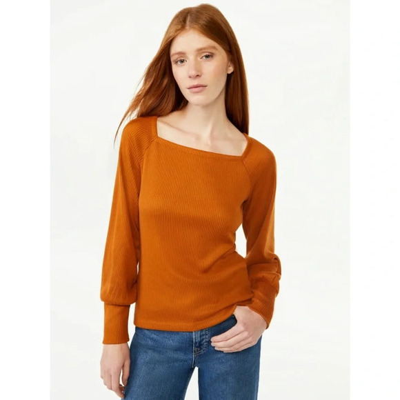 Sz S women’s ribbed square long sleeve puff pull over sweater brick red new - Picture 1 of 6